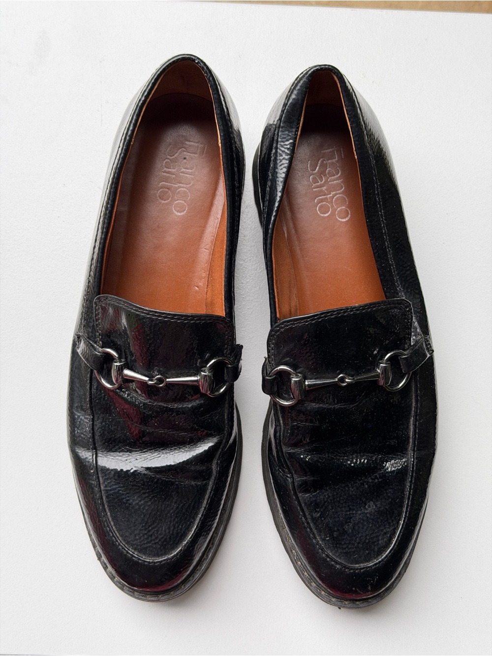 Franco Sarto Black Patent Leather Bit Loafers with Silver Hardware